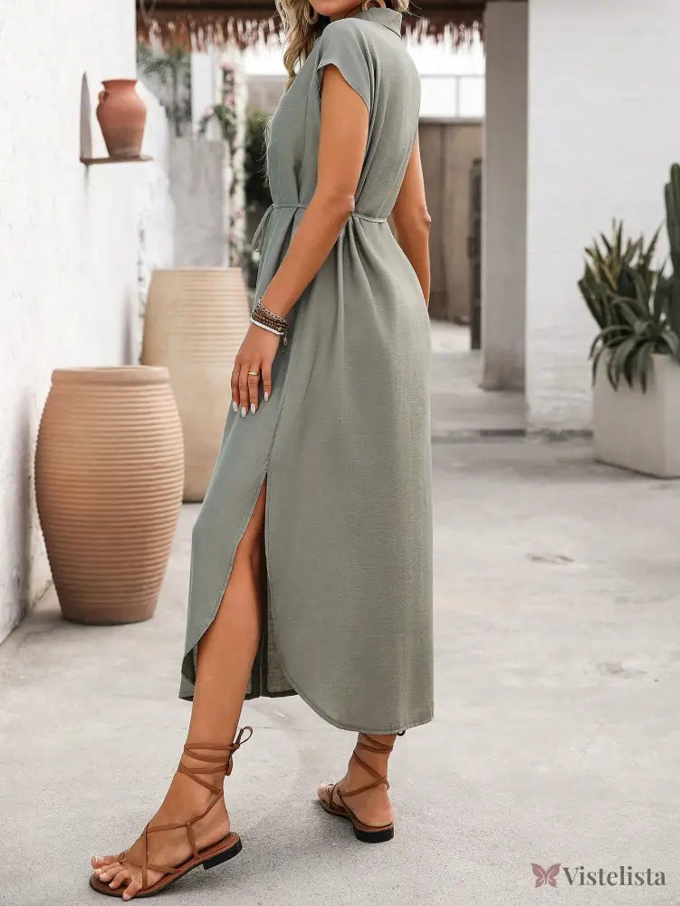 Vestido Longo Chemise Com Fenda Frontal E Botões Vestido Longo Chemise Com Fenda Frontal E Botões
