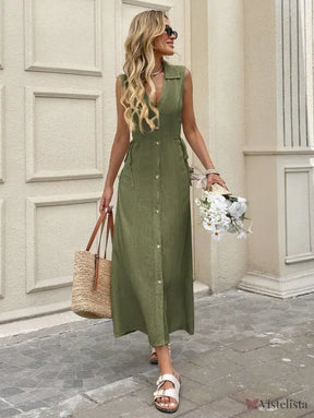 Vestido Longo Chemise Em Linho Com Botões Frontais Vestido Longo Chemise Em Linho Com Botões Frontais