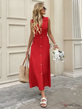 Vestido Longo Chemise Em Linho Com Botões Frontais Vestido Longo Chemise Em Linho Com Botões Frontais