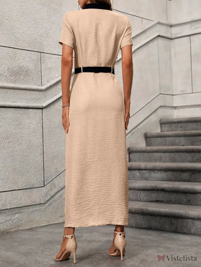 Vestido Longo Chemise Estilo Moderno Com Fenda Frontal Vestido Longo Chemise Estilo Moderno Com Fenda Frontal