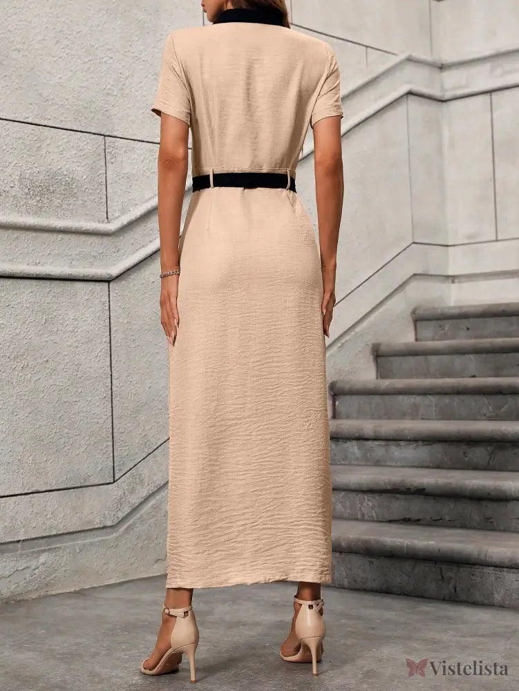 Vestido Longo Chemise Estilo Moderno Com Fenda Frontal Vestido Longo Chemise Estilo Moderno Com Fenda Frontal