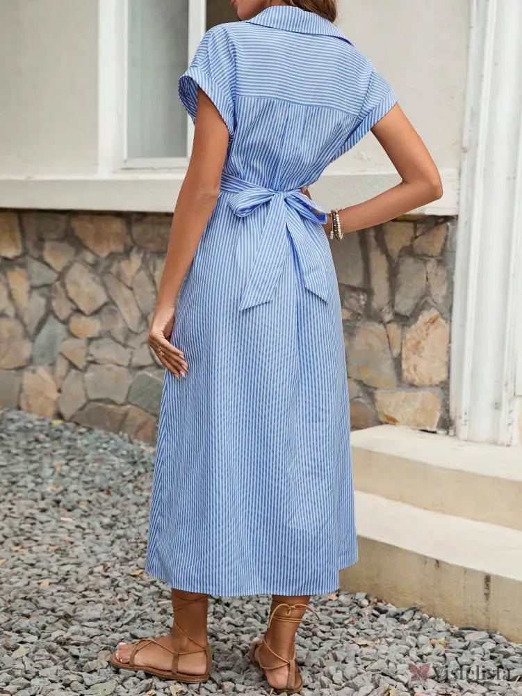 Vestido Longo Chemise Listrado Com Nó Na Cintura Vestido Longo Chemise Listrado Com Nó Na Cintura
