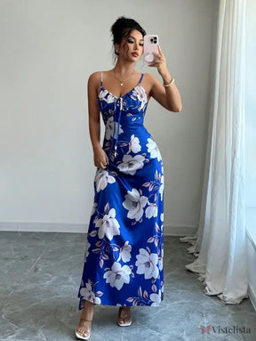 Vestido Longo De Alças Ajustáveis Estampado Floral Elegante Vestido Longo De Alças Ajustáveis Estampado Floral Elegante