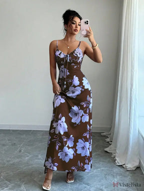 Vestido Longo De Alças Ajustáveis Estampado Floral Elegante Vestido Longo De Alças Ajustáveis Estampado Floral Elegante