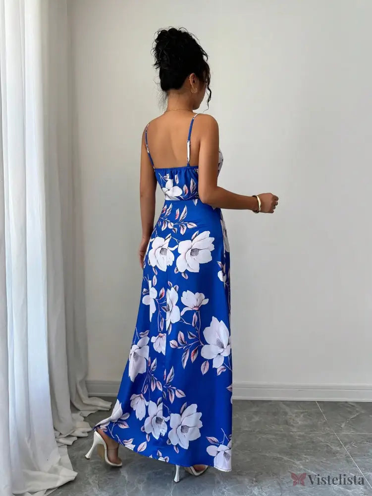 Vestido Longo De Alças Ajustáveis Estampado Floral Elegante Vestido Longo De Alças Ajustáveis Estampado Floral Elegante
