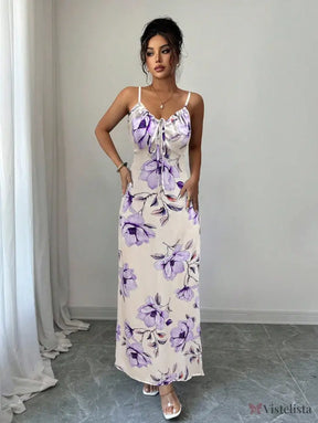 Vestido Longo De Alças Ajustáveis Estampado Floral Elegante Vestido Longo De Alças Ajustáveis Estampado Floral Elegante