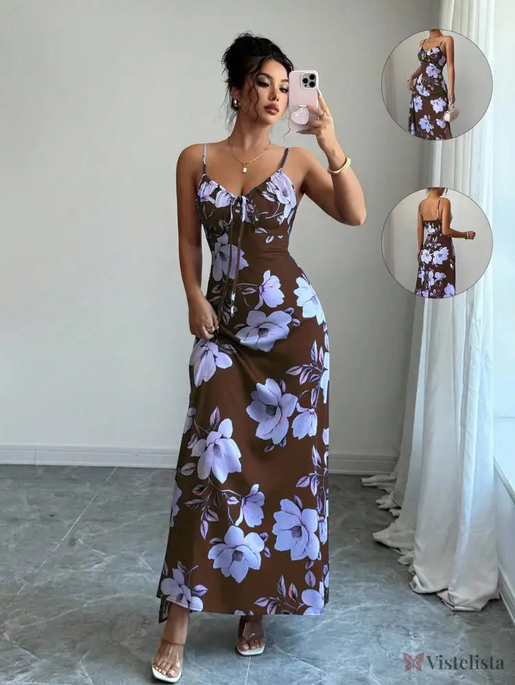Vestido Longo De Alças Ajustáveis Estampado Floral Elegante Marrom Café / PP Vestido Longo De Alças Ajustáveis