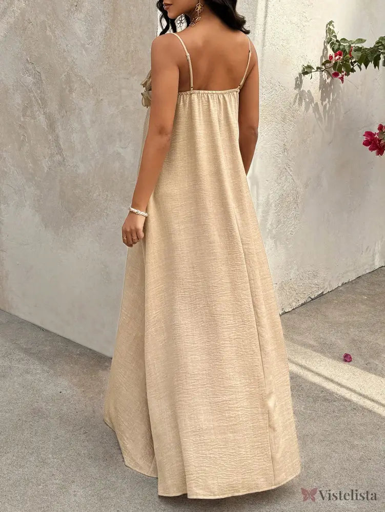 Vestido Longo De Alças Com Detalhe Floral No Decote Vestido Longo De Alças Com Detalhe Floral No Decote