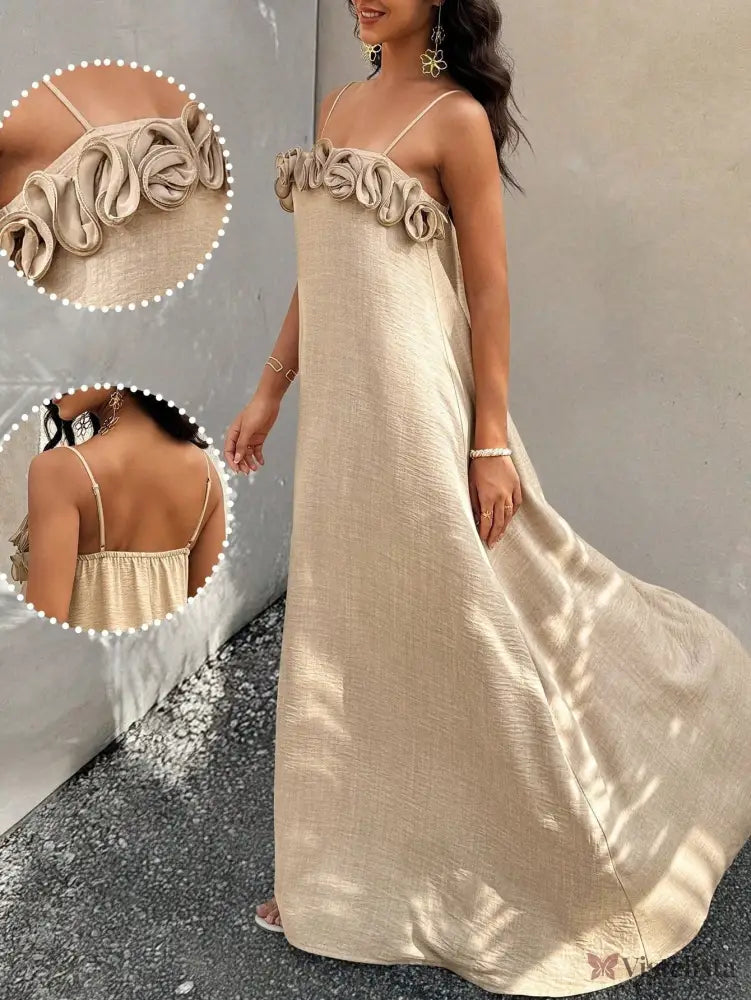 Vestido Longo De Alças Com Detalhe Floral No Decote Cáqui / PP Vestido Longo De Alças Com Detalhe Floral No Decote