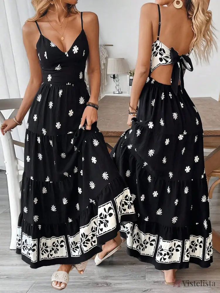 Vestido Longo De Alças Com Estampa Floral E Laço Nas Costas Preto / PP Vestido Longo De Alças Com Estampa Floral E Laço
