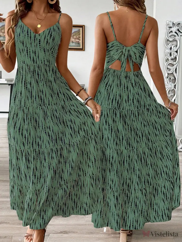 Vestido Longo De Alças Com Estampa Floral E Laço Nas Costas Verde / PP Vestido Longo De Alças Com Estampa Floral E Laço