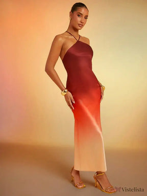 Vestido Longo de Alças Finas em Cetim Degradê Elegante Laranja / PP Vestido Longo de Alças Finas em Cetim Degradê