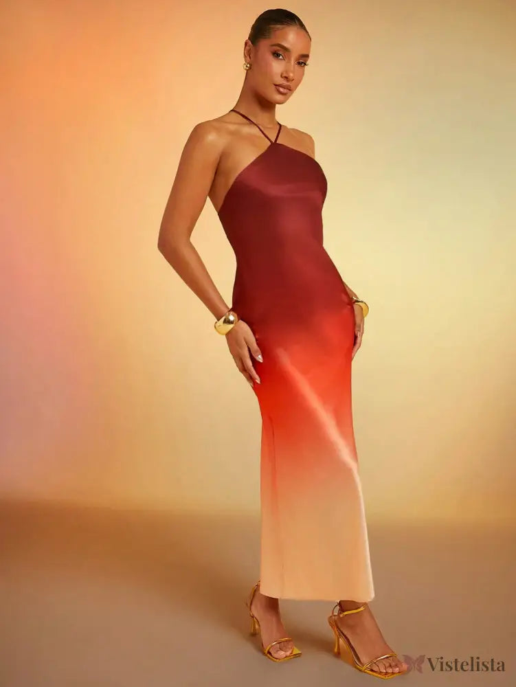 Vestido Longo de Alças Finas em Cetim Degradê Elegante Laranja / PP Vestido Longo de Alças Finas em Cetim Degradê