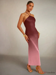 Vestido Longo de Alças Finas em Cetim Degradê Elegante Rosa / PP Vestido Longo de Alças Finas em Cetim Degradê Elegante