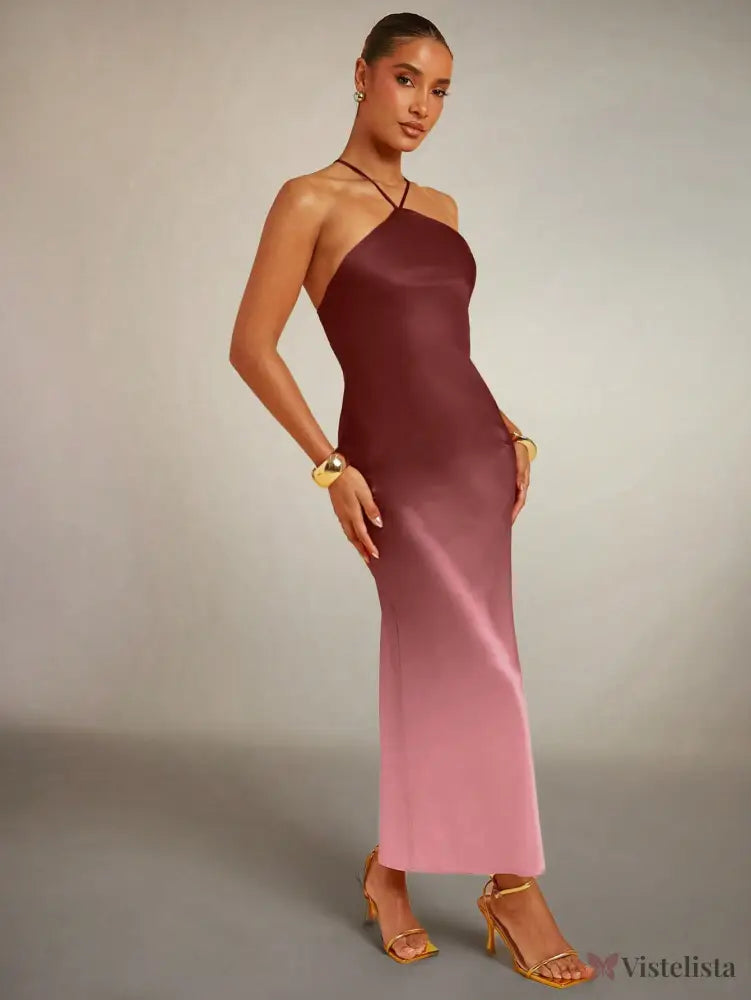 Vestido Longo de Alças Finas em Cetim Degradê Elegante Rosa / PP Vestido Longo de Alças Finas em Cetim Degradê Elegante