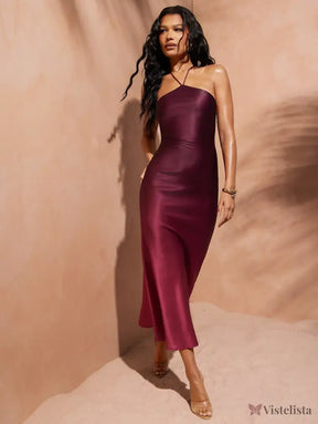 Vestido Longo de Alças Finas em Cetim Degradê Elegante Vinho / PP Vestido Longo de Alças Finas em Cetim Degradê Elegante