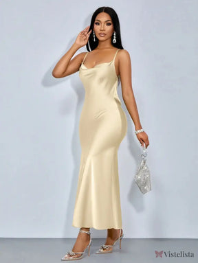 Vestido Longo De Cetim Com Decote Draped Vestido Longo De Cetim Com Decote Draped