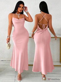 Vestido Longo De Cetim Com Decote Draped Rosa / PP Vestido Longo De Cetim Com Decote Draped