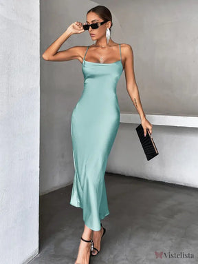 Vestido Longo De Cetim Minimalista Com Alças Finas Azul Claro / PP Vestido Longo De Cetim Minimalista Com Alças Finas