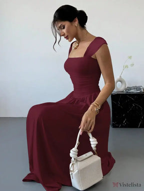 Vestido Longo Decote Quadrado Com Mangas Curtas Elegante Vestido Longo Decote Quadrado Com Mangas Curtas Elegante