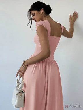 Vestido Longo Decote Quadrado Com Mangas Curtas Elegante Vestido Longo Decote Quadrado Com Mangas Curtas Elegante