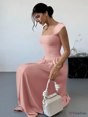 Vestido Longo Decote Quadrado Com Mangas Curtas Elegante Vestido Longo Decote Quadrado Com Mangas Curtas Elegante