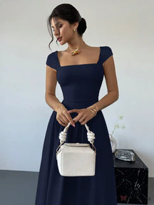 Vestido Longo Decote Quadrado Com Mangas Curtas Elegante Azul-marinho / PP Vestido Longo Decote Quadrado Com Mangas