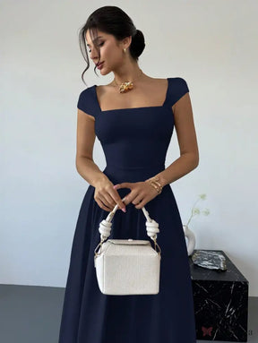 Vestido Longo Decote Quadrado Com Mangas Curtas Elegante Azul-marinho / PP Vestido Longo Decote Quadrado Com Mangas