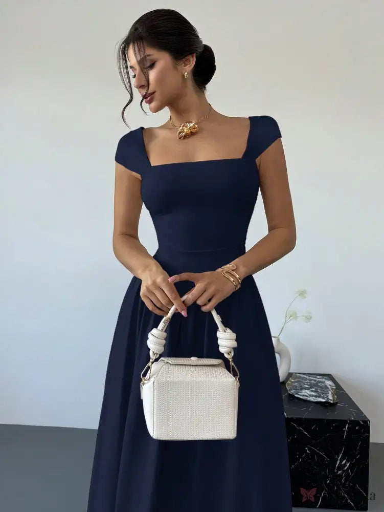 Vestido Longo Decote Quadrado Com Mangas Curtas Elegante Azul-marinho / PP Vestido Longo Decote Quadrado Com Mangas