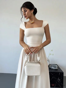 Vestido Longo Decote Quadrado Com Mangas Curtas Elegante Damasco / PP Vestido Longo Decote Quadrado Com Mangas Curtas
