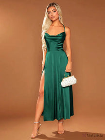 Vestido Longo Elegante Alças Finas Com Fenda Lateral Verde / PP Vestido Longo Elegante Alças Finas Com Fenda Lateral