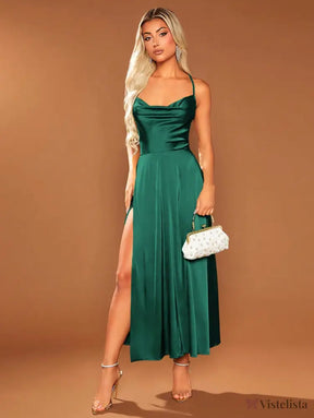 Vestido Longo Elegante Alças Finas Com Fenda Lateral Verde / PP Vestido Longo Elegante Alças Finas Com Fenda Lateral