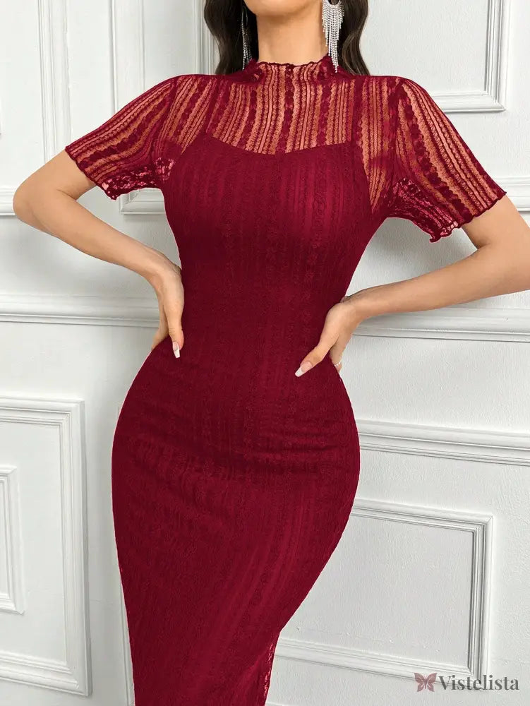 Vestido Longo Elegante Com Transparência E Gola Alta Vinho / PP Vestido Longo Elegante Com Transparência E Gola Alta