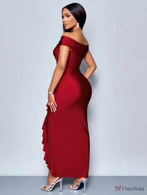 Vestido Longo Elegante Drapeado Ombro A Ombro Com Babado Vestido Longo Elegante Drapeado Ombro A Ombro Com Babado