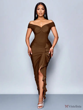 Vestido Longo Elegante Drapeado Ombro A Ombro Com Babado Vestido Longo Elegante Drapeado Ombro A Ombro Com Babado