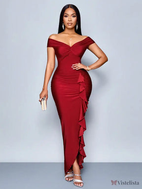 Vestido Longo Elegante Drapeado Ombro A Ombro Com Babado Vestido Longo Elegante Drapeado Ombro A Ombro Com Babado