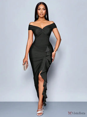 Vestido Longo Elegante Drapeado Ombro A Ombro Com Babado Vestido Longo Elegante Drapeado Ombro A Ombro Com Babado
