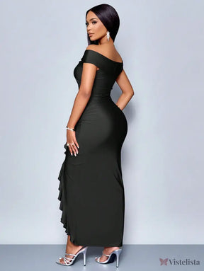 Vestido Longo Elegante Drapeado Ombro A Ombro Com Babado Vestido Longo Elegante Drapeado Ombro A Ombro Com Babado