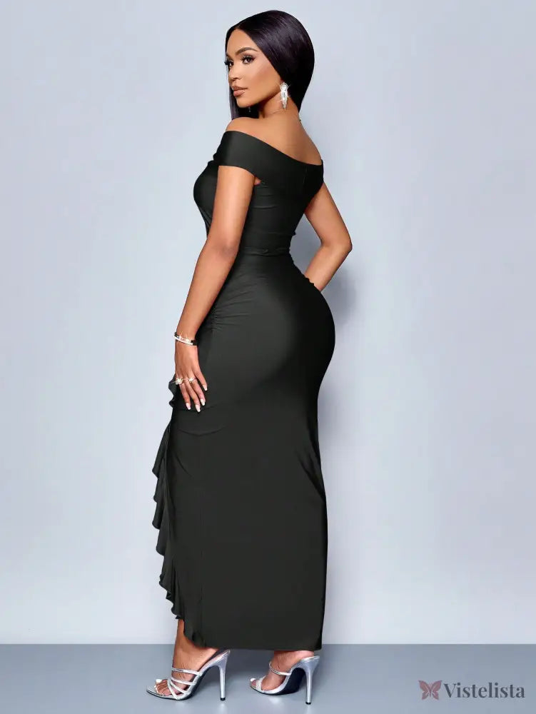 Vestido Longo Elegante Drapeado Ombro A Ombro Com Babado Vestido Longo Elegante Drapeado Ombro A Ombro Com Babado