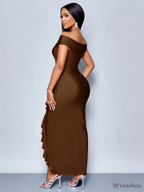 Vestido Longo Elegante Drapeado Ombro A Ombro Com Babado Vestido Longo Elegante Drapeado Ombro A Ombro Com Babado