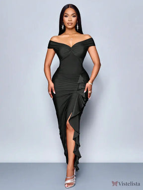 Vestido Longo Elegante Drapeado Ombro A Ombro Com Babado Vestido Longo Elegante Drapeado Ombro A Ombro Com Babado