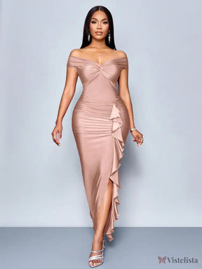 Vestido Longo Elegante Drapeado Ombro A Ombro Com Babado Vestido Longo Elegante Drapeado Ombro A Ombro Com Babado