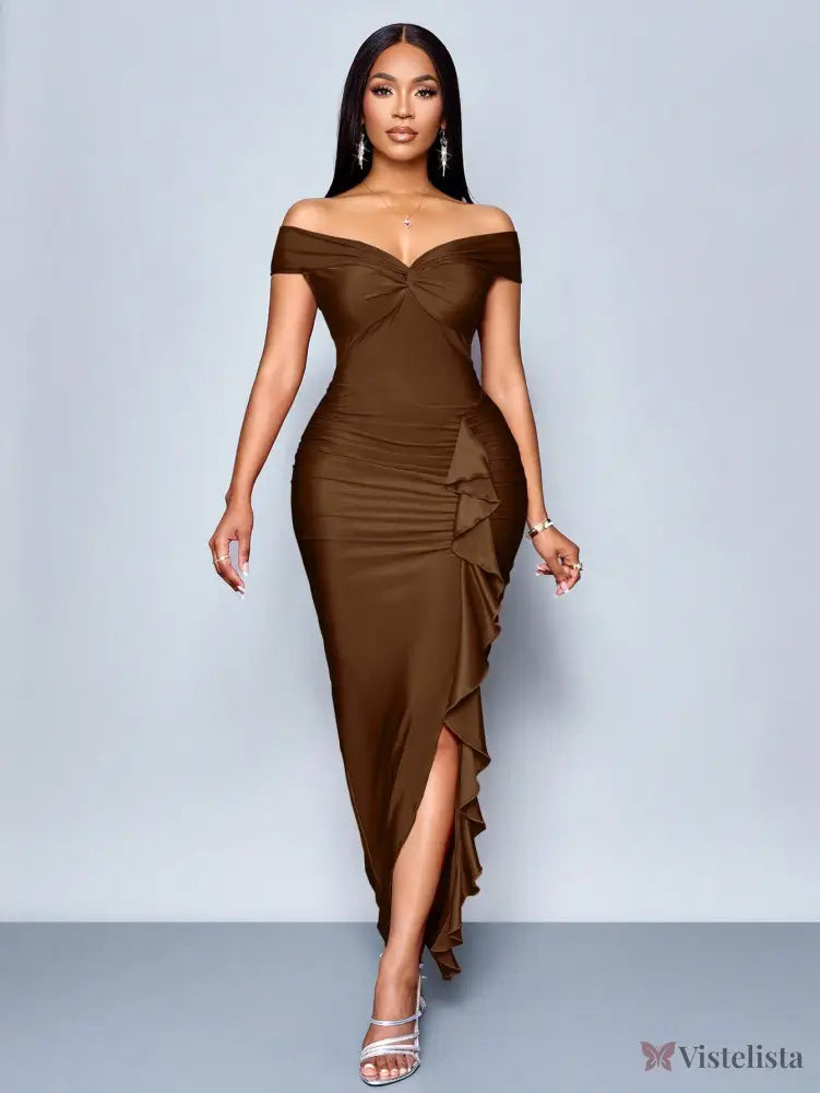 Vestido Longo Elegante Drapeado Ombro A Ombro Com Babado Marrom / PP Vestido Longo Elegante Drapeado Ombro A Ombro Com