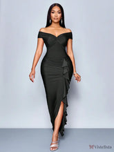 Vestido Longo Elegante Drapeado Ombro A Ombro Com Babado Preto / PP Vestido Longo Elegante Drapeado Ombro A Ombro Com