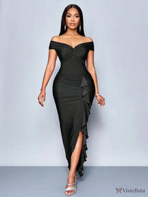 Vestido Longo Elegante Drapeado Ombro A Ombro Com Babado Preto / PP Vestido Longo Elegante Drapeado Ombro A Ombro Com
