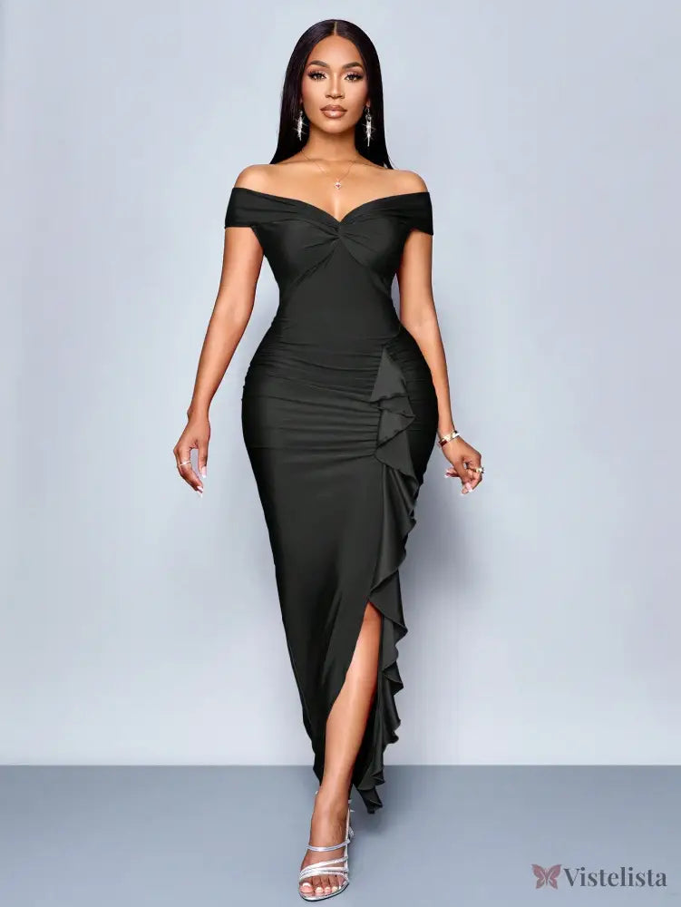 Vestido Longo Elegante Drapeado Ombro A Ombro Com Babado Preto / PP Vestido Longo Elegante Drapeado Ombro A Ombro Com
