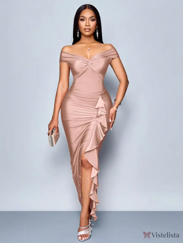 Vestido Longo Elegante Drapeado Ombro A Ombro Com Babado Rosa Empoeirado / PP Vestido Longo Elegante Drapeado Ombro A