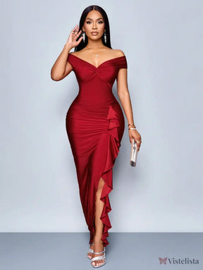 Vestido Longo Elegante Drapeado Ombro A Ombro Com Babado Vermelho / PP Vestido Longo Elegante Drapeado Ombro A Ombro