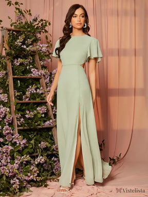 Vestido Longo Elegante Manga Curta Com Fenda Lateral Vestido Longo Elegante Manga Curta Com Fenda Lateral