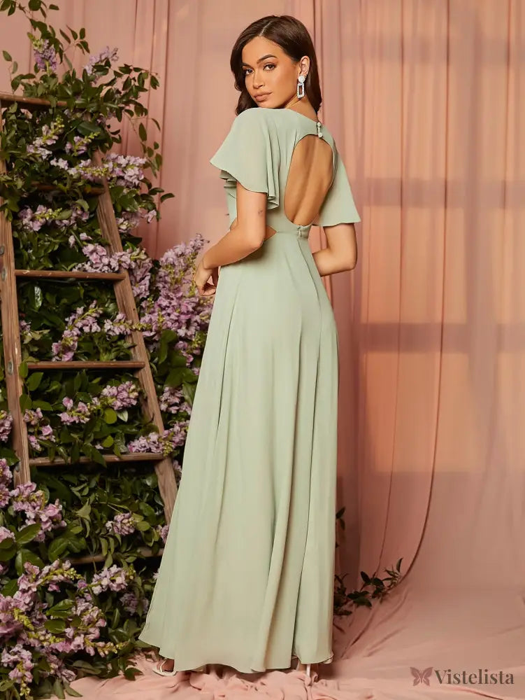 Vestido Longo Elegante Manga Curta Com Fenda Lateral Vestido Longo Elegante Manga Curta Com Fenda Lateral